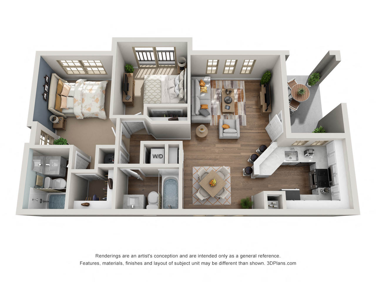 Floor plan for 2 beds, 2 baths, 882 sqft